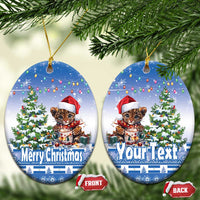 Blue round ceramic Christmas ornament pair: “Merry Christmas” and “YourText” with Front/Back tags