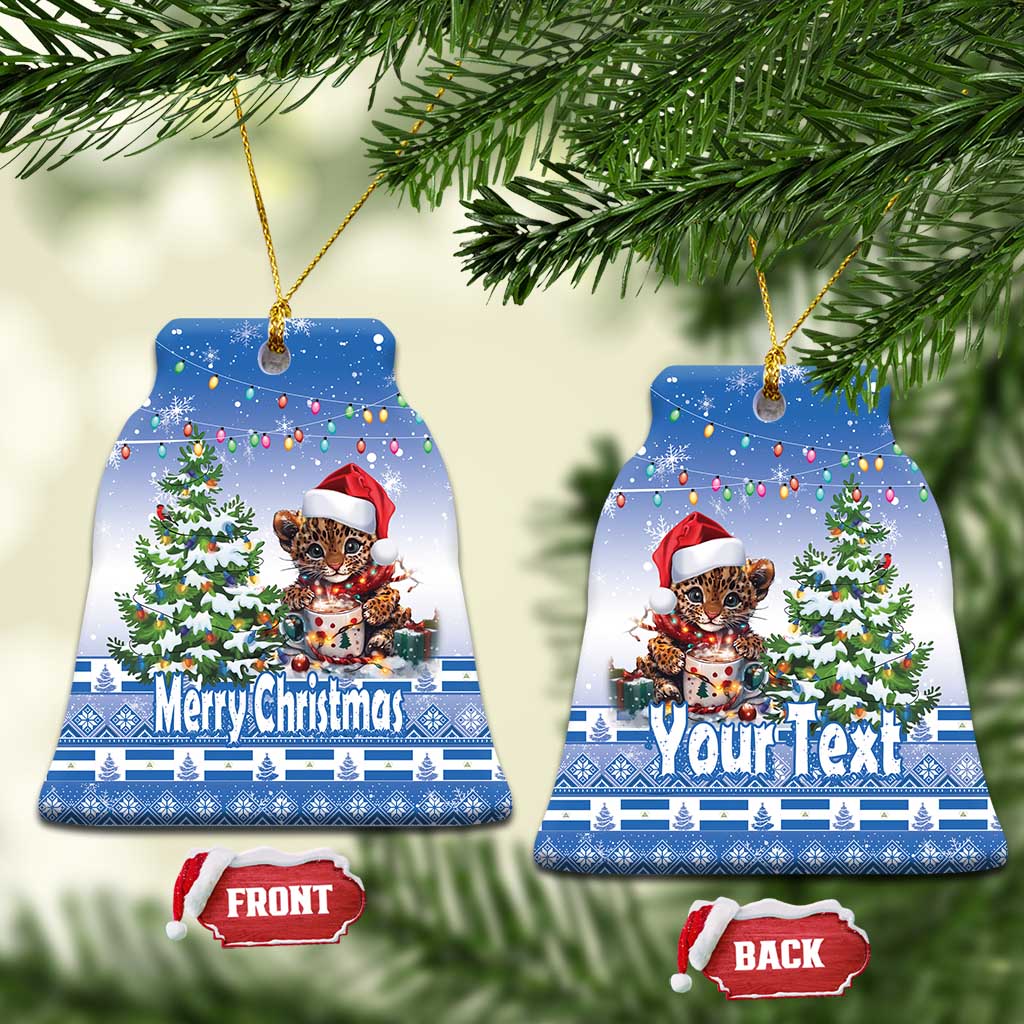 Blue bell-shaped ceramic ornament set: “Merry Christmas” and “YourText” with Front/Back tags