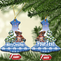 Blue bell-shaped ceramic ornaments with cat Santa hat and “Merry Christmas”/“YourText”, Front/Back