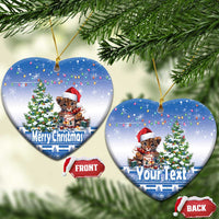 Blue heart ceramic Christmas ornaments: cat Santa hat with “Merry Christmas” and “YourText”