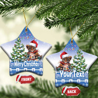 Blue star ceramic Christmas ornaments with cat Santa hat and “Merry Christmas”/“YourText”