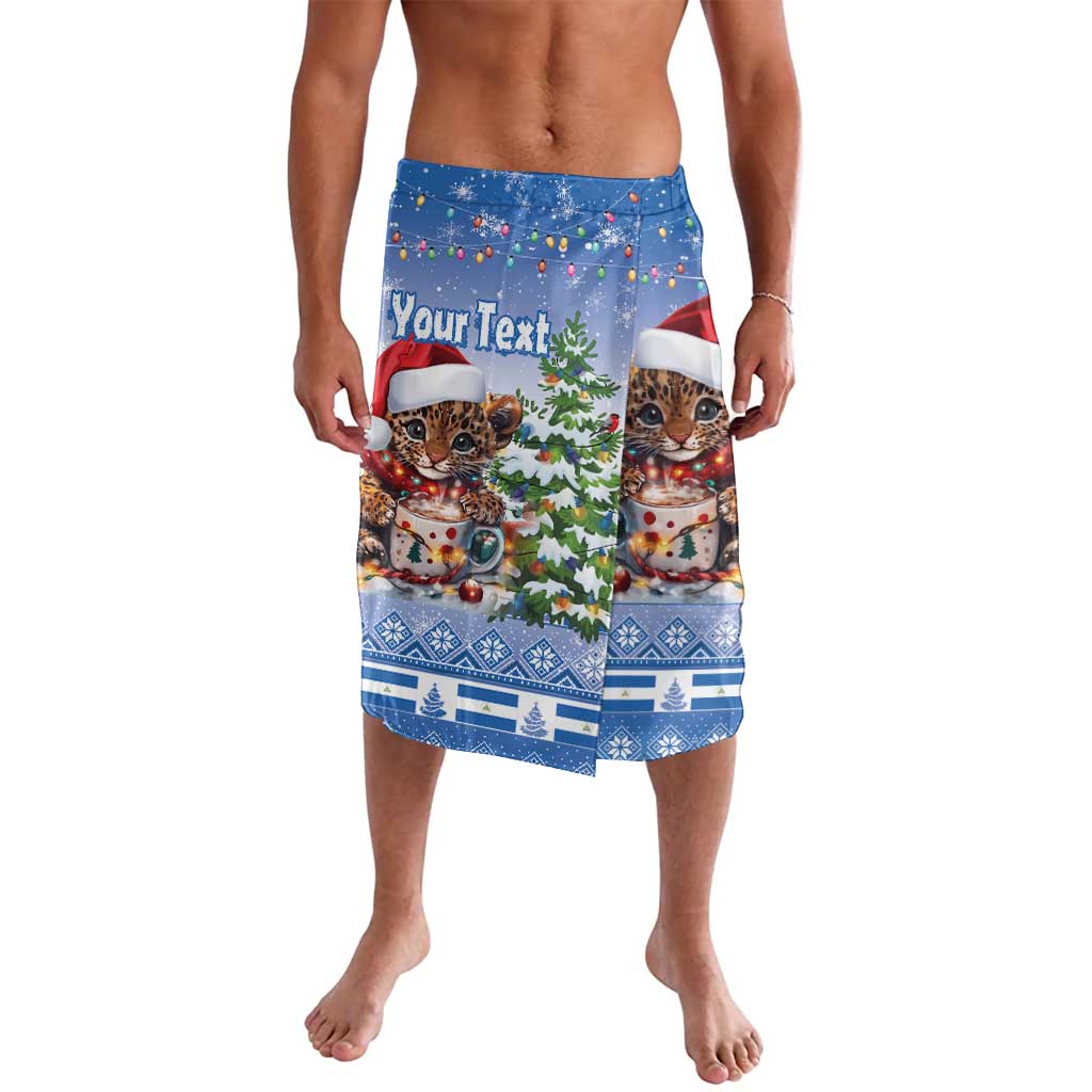 Blue Christmas shorts with jaguar face print, Santa hats, trees, and 'Your Text'