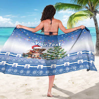 Blue Christmas sarong with back print, 'Your Text' banner, pine tree, and ornaments