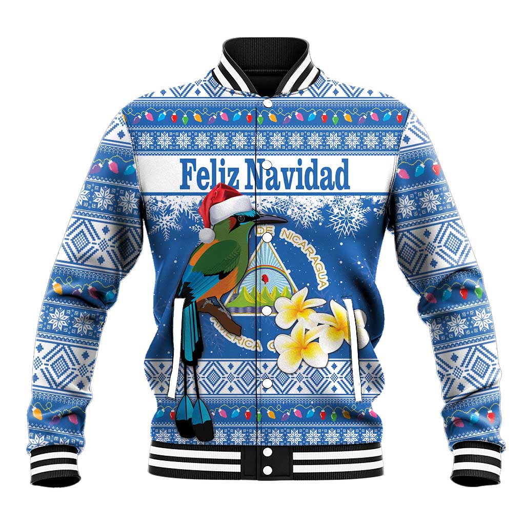 Blue baseball jacket with Feliz Navidad graphic, knit stripes collar and cuffs