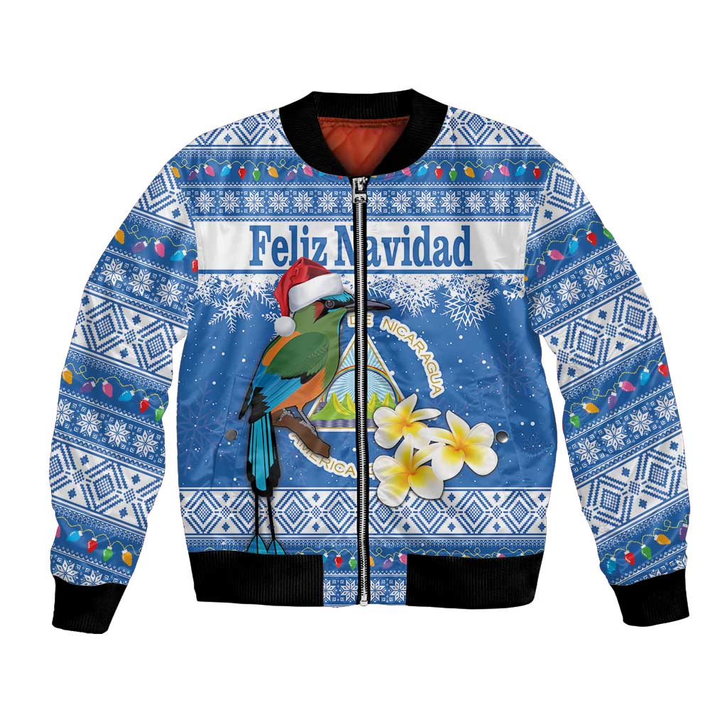 Unisex blue Christmas bomber jacket, full zip, Feliz Navidad graphic with bird