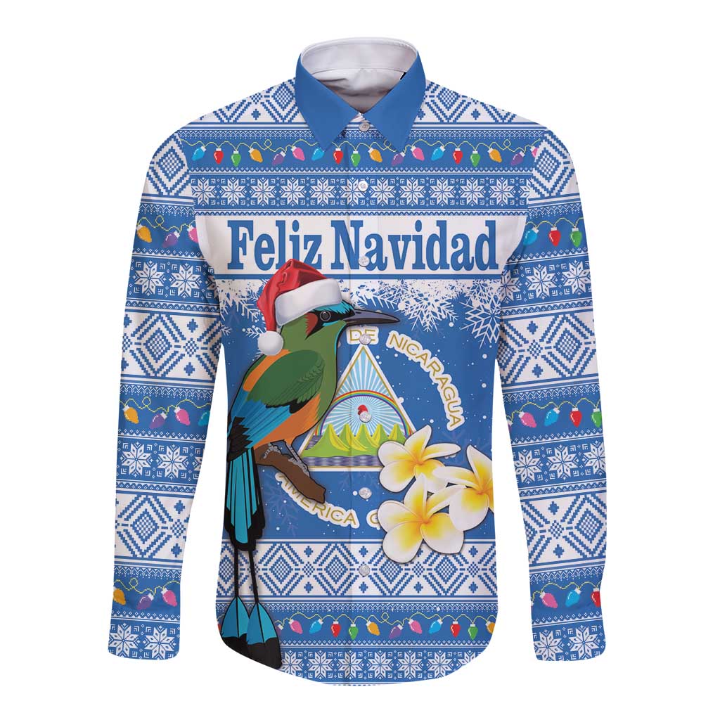 Blue long-sleeve button shirt with Feliz Navidad text and colorful bird graphic
