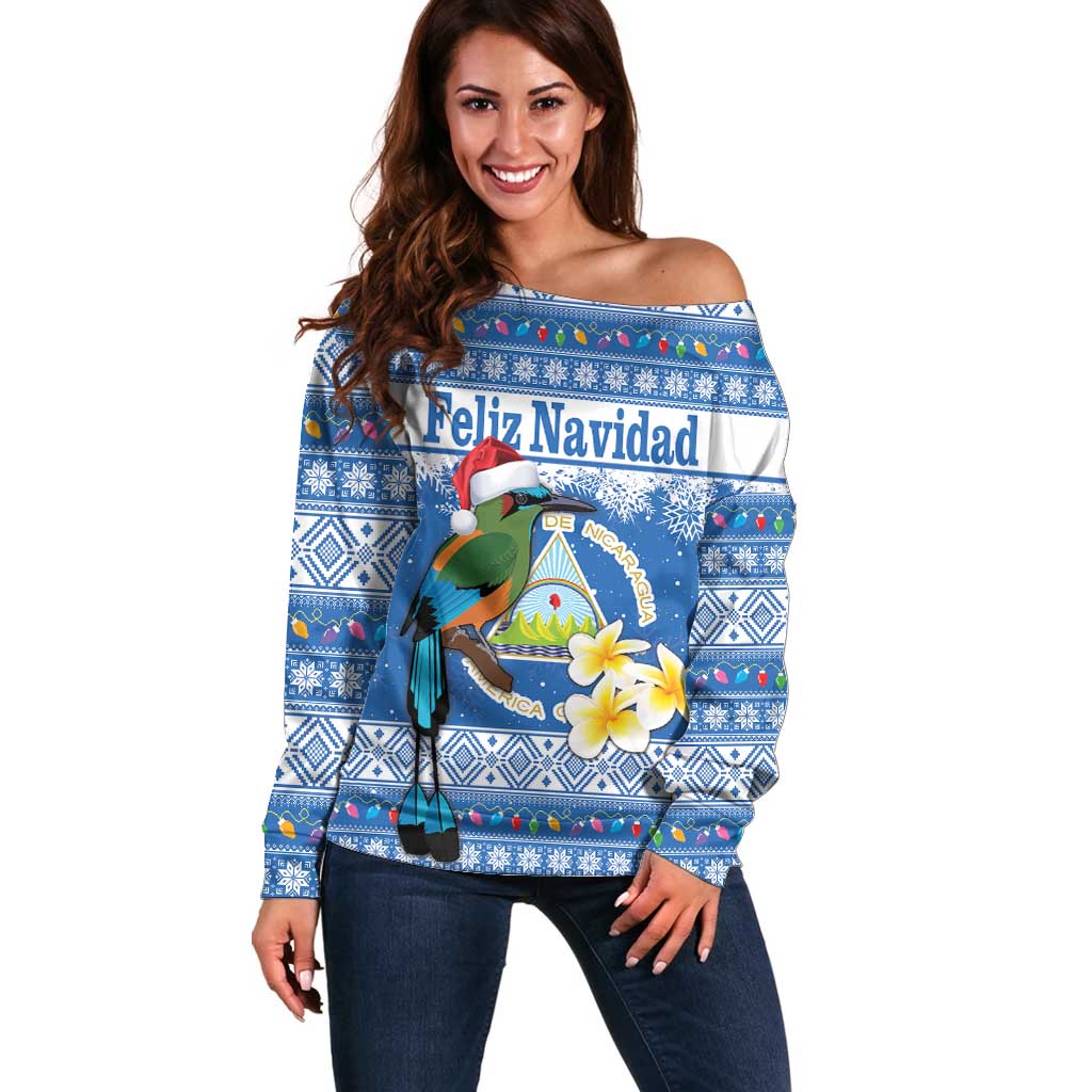 Personalized Nicaragua Christmas Off Shoulder Sweater Turquoise-Browed Motmot With Coat Of Arms - Wonder Print Shop