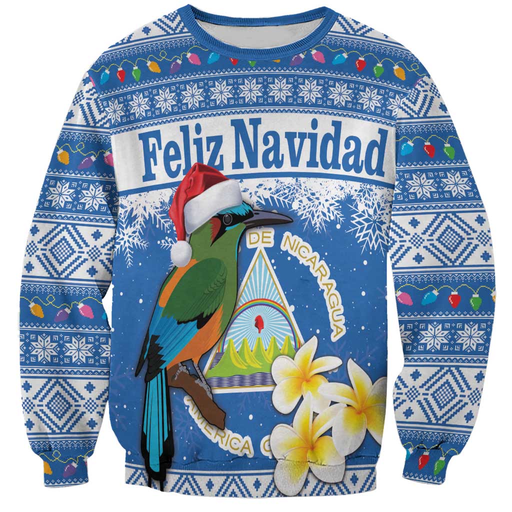 Blue personalized Christmas sweatshirt with motmot bird, coat of arms, snowflake pattern