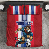 Red football bedding set with lion soccer graphic, blue-white-red stripes, 'YOUR TEXT'.