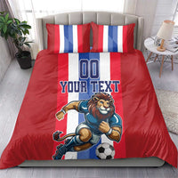 Red football bedding set with lion soccer artwork, 'YOUR TEXT' and blue-white-red stripes.