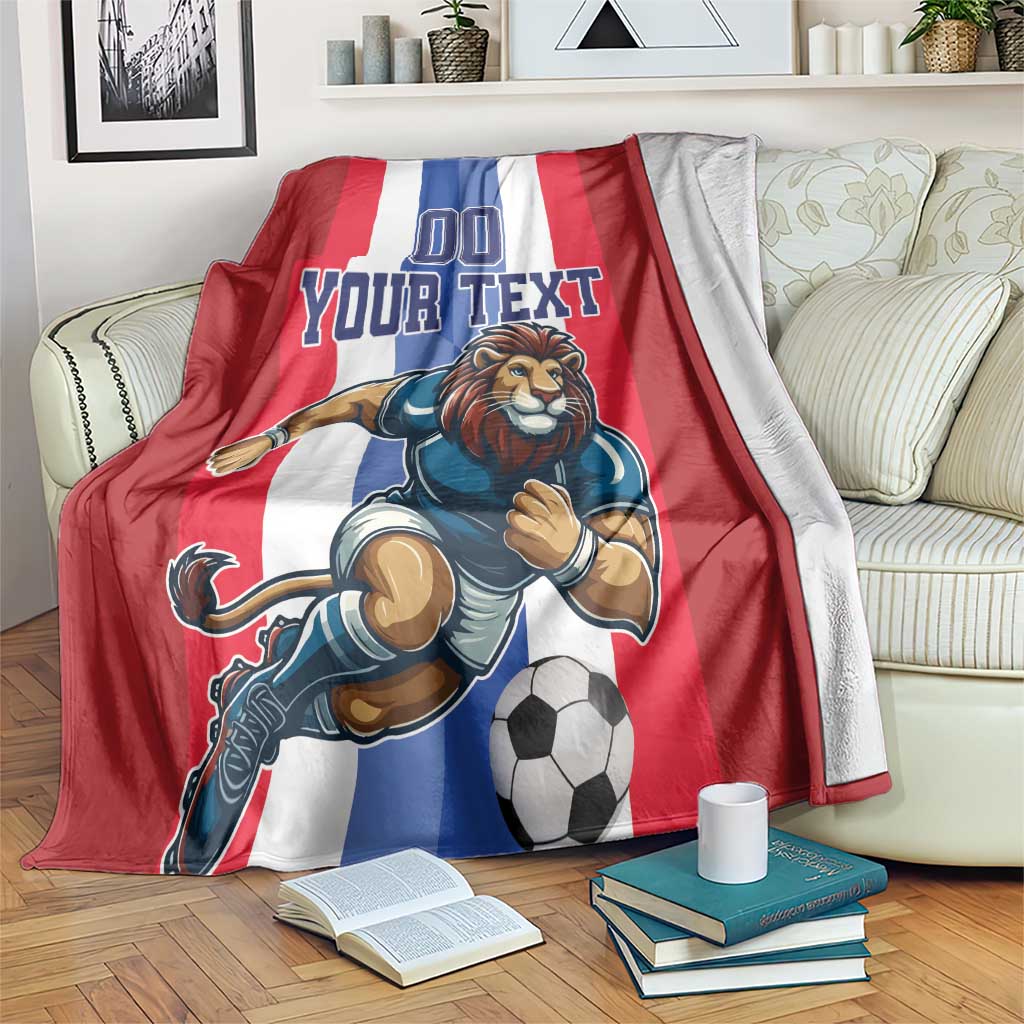 Red, white, and blue soccer blanket with lion player graphic and “YOUR TEXT”