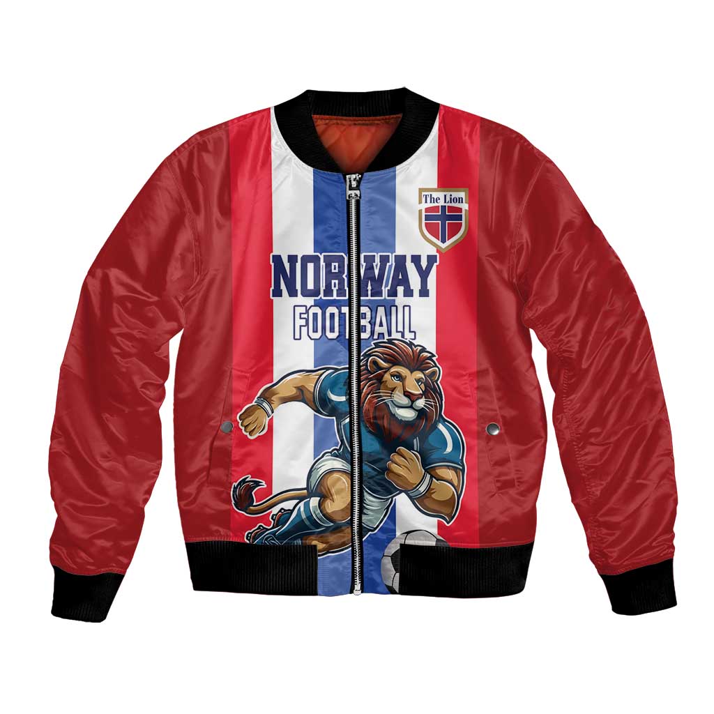 Red bomber jacket with front zipper, graphic lion crest and Norway Football print