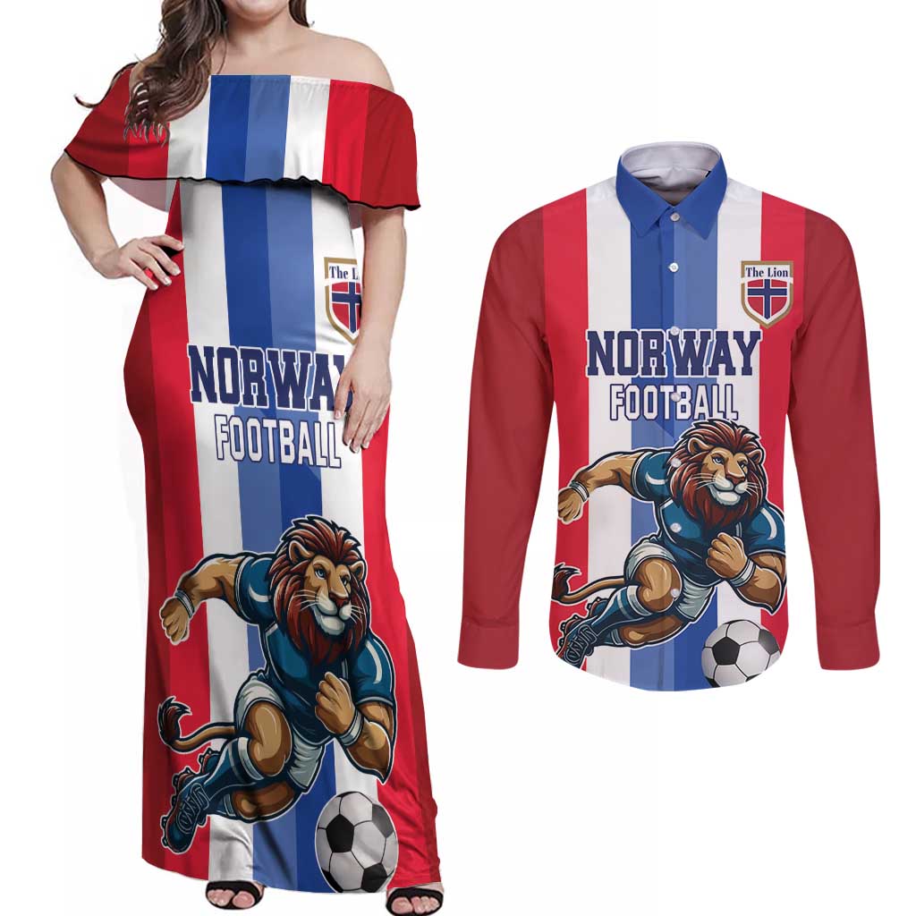 Custom Norway Football Couples Matching Off Shoulder Maxi Dress and Long Sleeve Button Shirt The Lions Champion 2024 - Wonder Print Shop