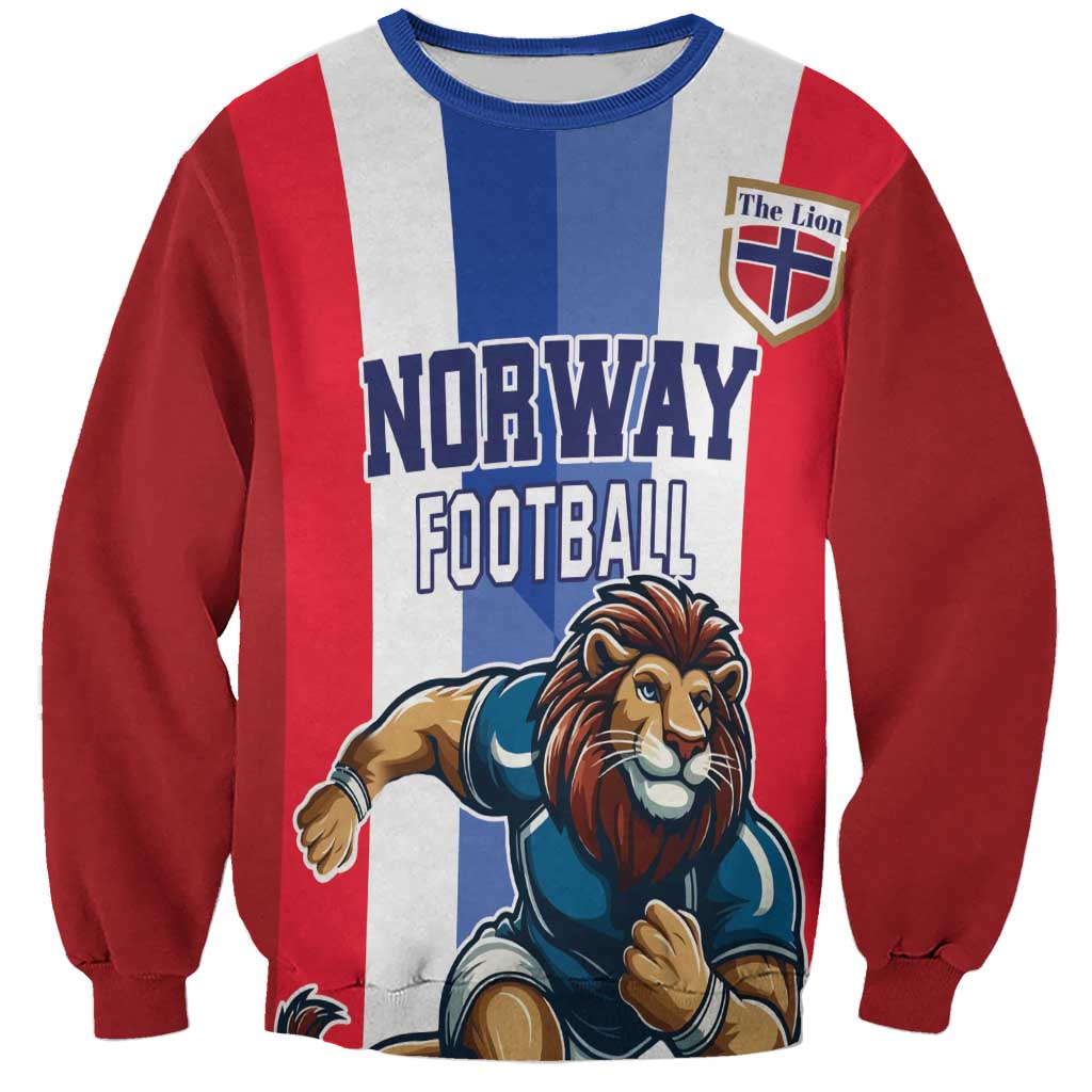 Unisex red, white and blue striped football sweatshirt with lion graphic and Norway text