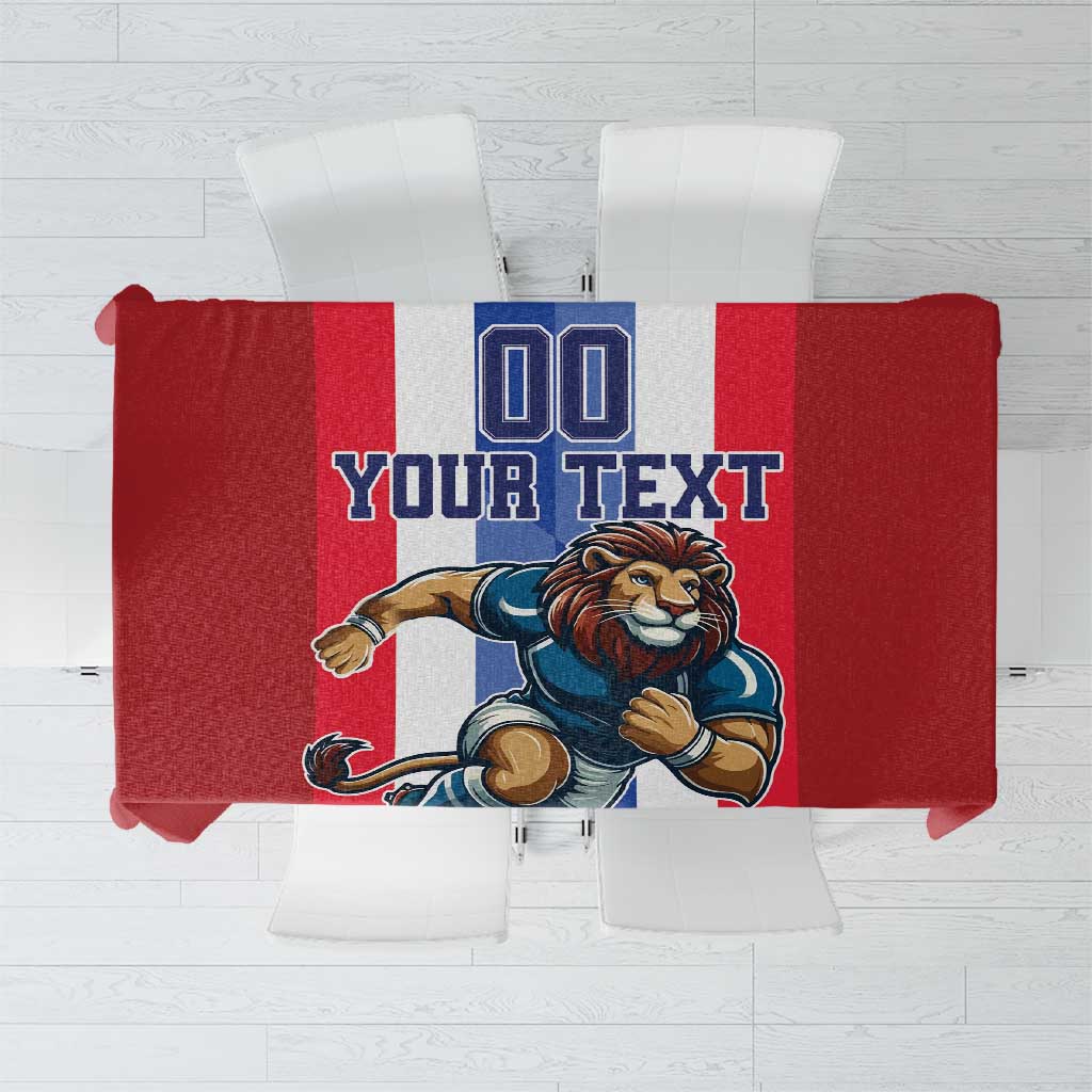 Red football tablecloth with lion mascot and 'YOUR TEXT' design