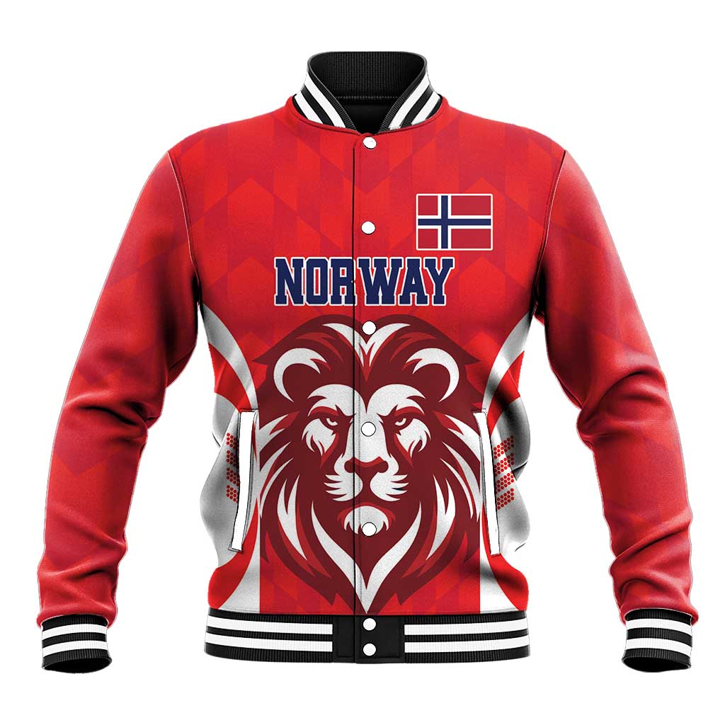 Red and white varsity baseball jacket with Norway flag, button front, lion graphic