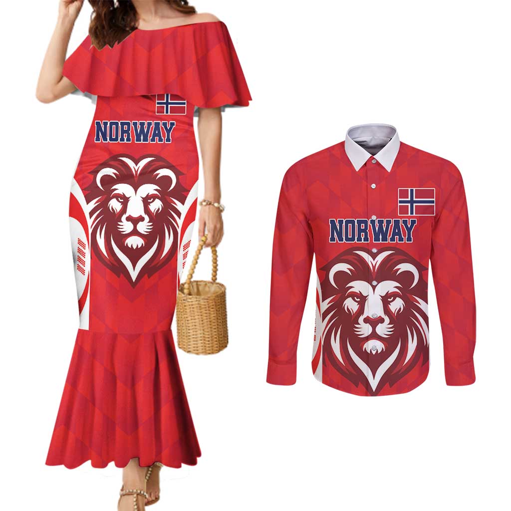 Custom Norway Football Couples Matching Mermaid Dress and Long Sleeve Button Shirt Red Lion Football 2024