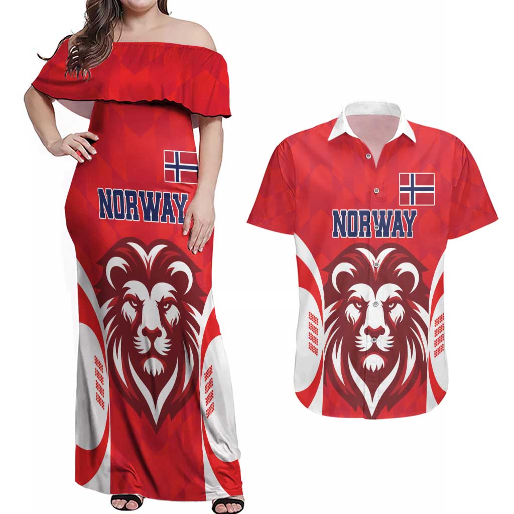 Custom Norway Football Couples Matching Off Shoulder Maxi Dress and Hawaiian Shirt Red Lion Football 2024 - Wonder Print Shop