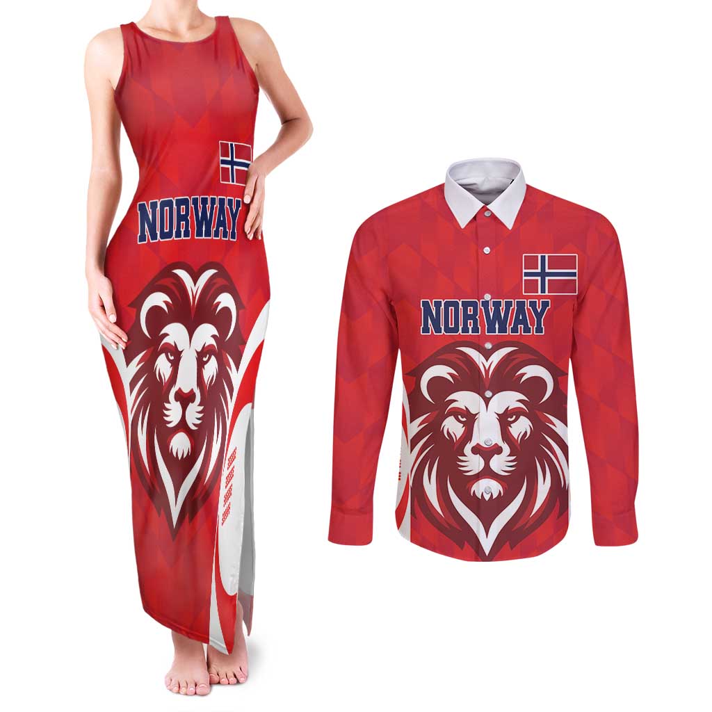 Custom Norway Football Couples Matching Tank Maxi Dress and Long Sleeve Button Shirt Red Lion Football 2024 - Wonder Print Shop