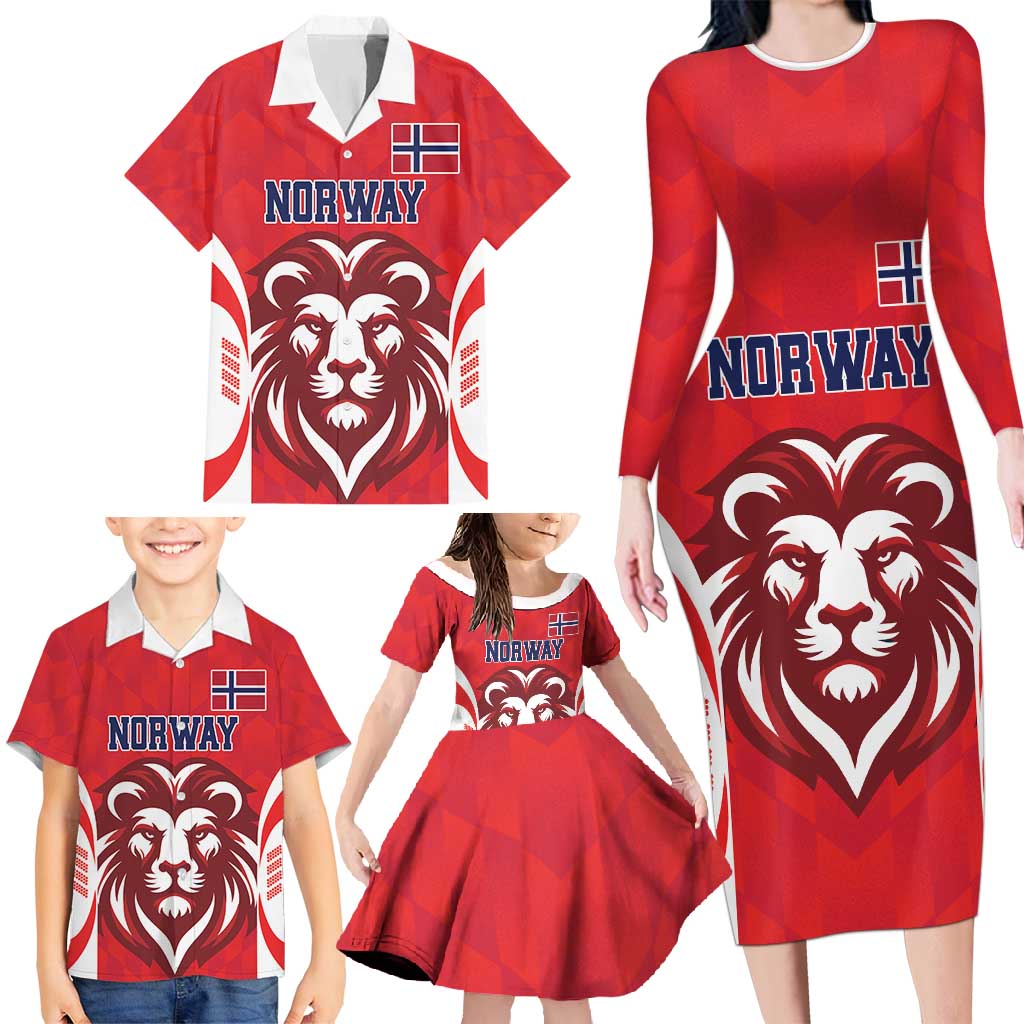 Custom Norway Football Family Matching Long Sleeve Bodycon Dress and Hawaiian Shirt Red Lion Football 2024 - Wonder Print Shop