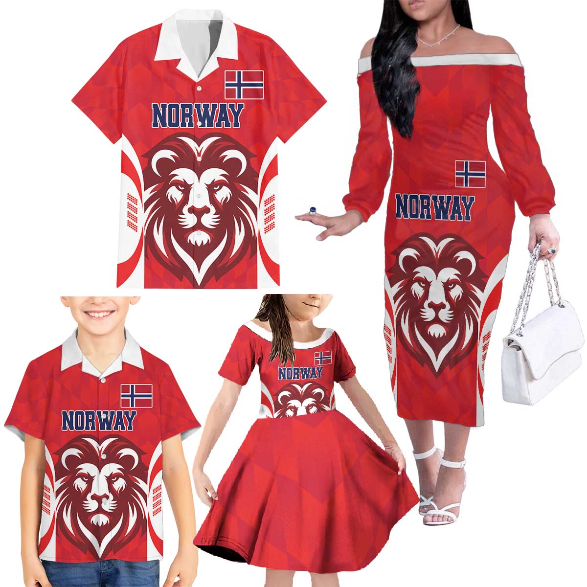 Custom Norway Football Family Matching Off The Shoulder Long Sleeve Dress and Hawaiian Shirt Red Lion Football 2024 - Wonder Print Shop