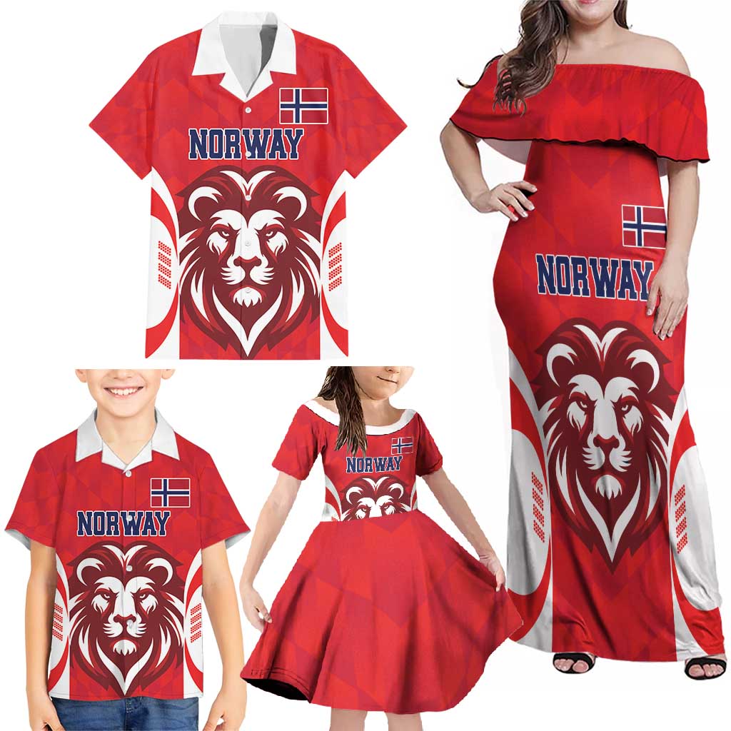 Custom Norway Football Family Matching Off Shoulder Maxi Dress and Hawaiian Shirt Red Lion Football 2024 - Wonder Print Shop