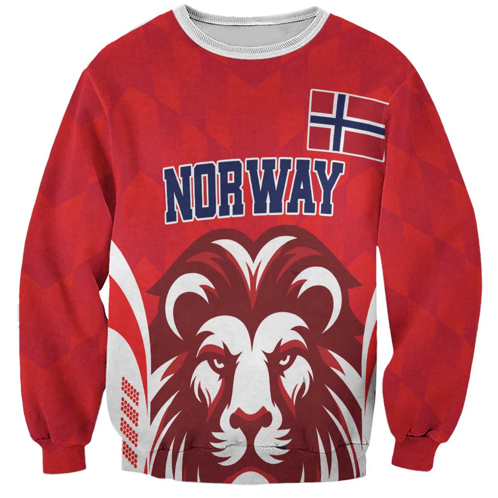 Red crewneck football sweatshirt with Norway flag and lion graphic