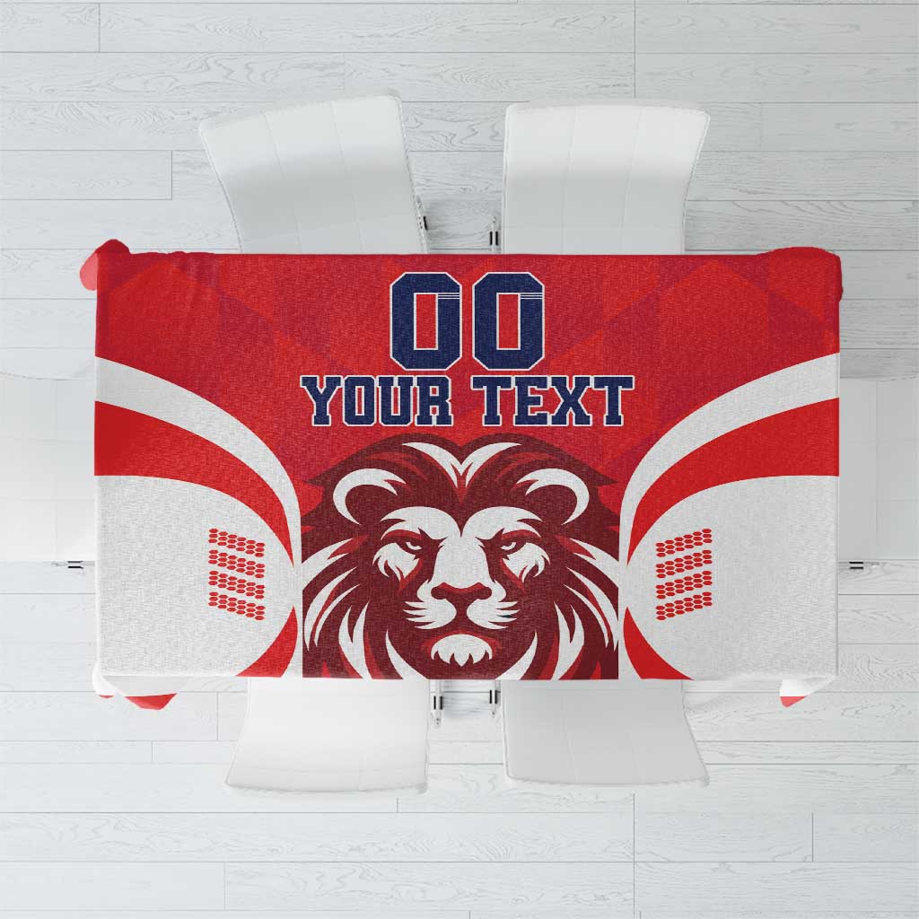 Red and white football tablecloth with lion graphic and custom text area