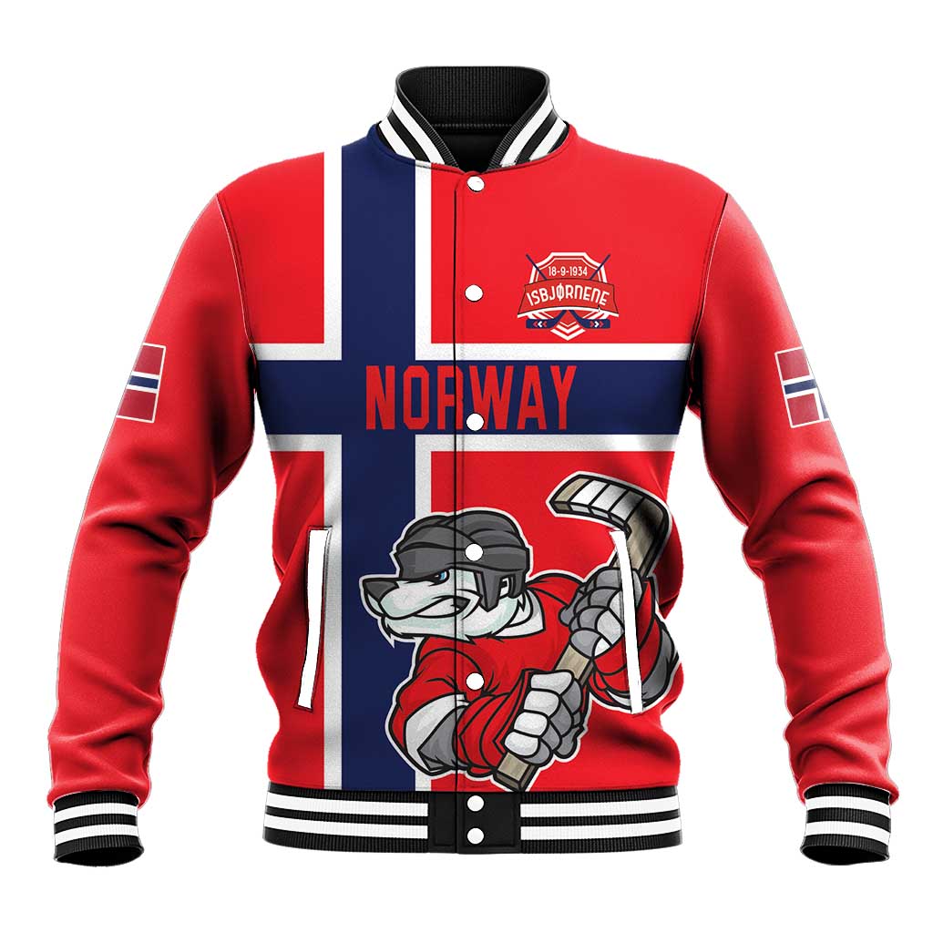 Red and navy hockey baseball jacket with white stripe collar, snap buttons, front graphic