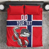 Red hockey bedding set with navy/white stripe panel, bear player graphic, two matching pillows
