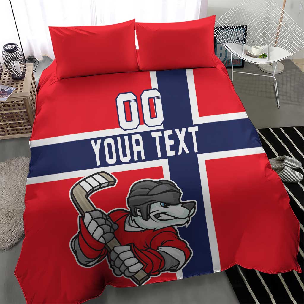Red hockey bedding set with navy/white stripe panel and bear player artwork, two pillows