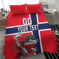 Red hockey bedding set with navy/white stripe panel and bear player artwork, two pillows