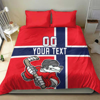 Red hockey bedding set with navy/white stripe panel, bear player graphic, two pillows