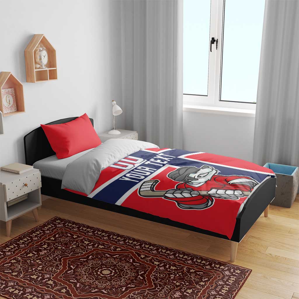Red hockey bedding set with navy/white stripe and bear hockey player graphic on comforter