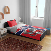Red hockey bedding set with navy/white stripe and bear hockey player graphic on comforter