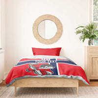 Red hockey bedding set with navy/white stripe and bear hockey player graphic, one pillow visible