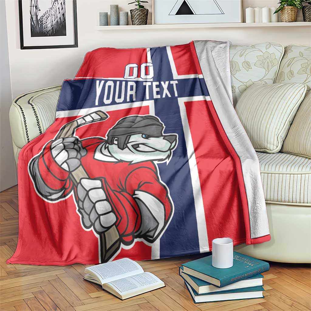 Red, blue and white hockey blanket with cartoon polar bear and 'YOUR TEXT' print
