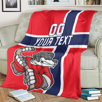Red, blue and white hockey blanket close view with 'YOUR TEXT' and polar bear
