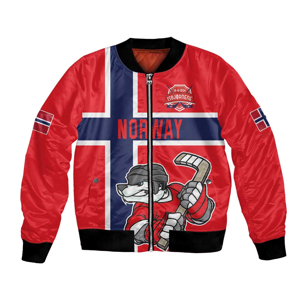 Red unisex bomber jacket with Norway flag panel and hockey bear graphic, full zipper front