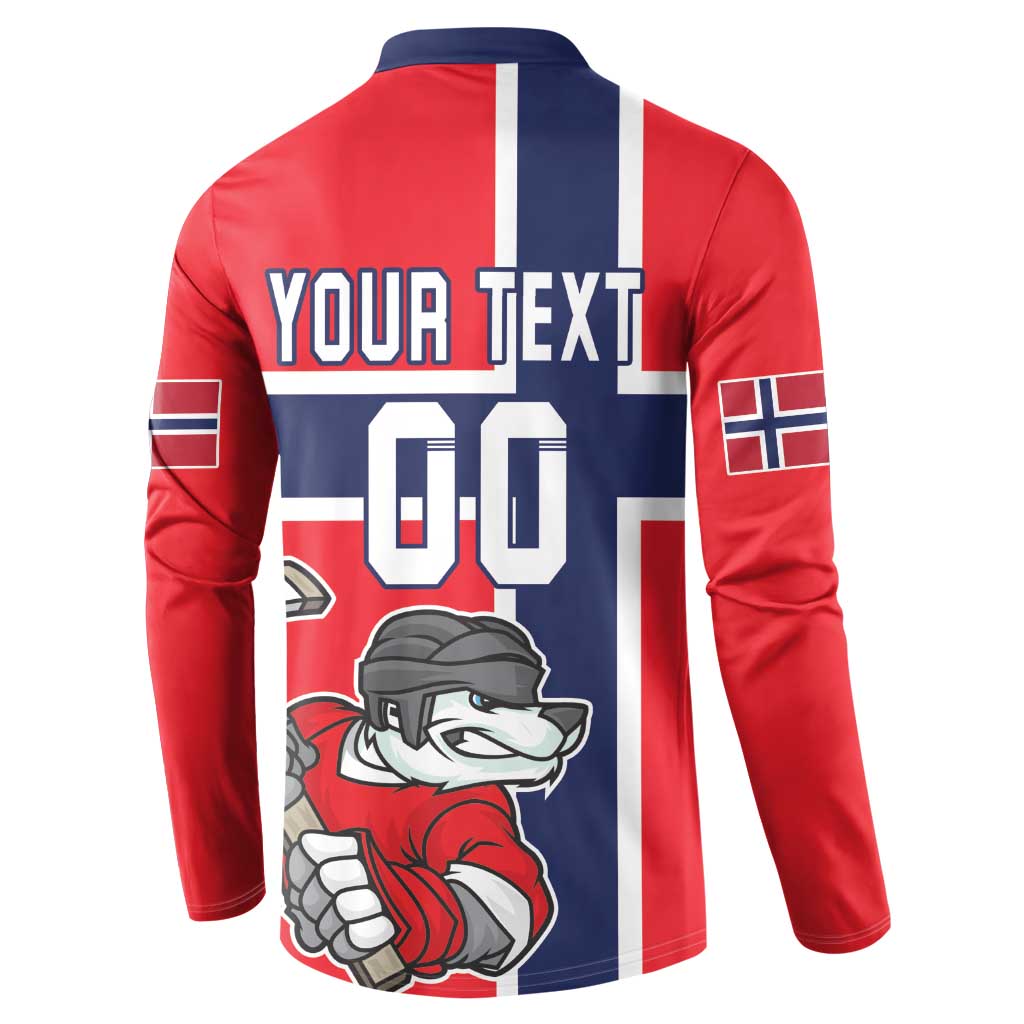 Red and blue hockey sweatshirt back with 'YOUR TEXT' and Norway numbers 09 on stripes