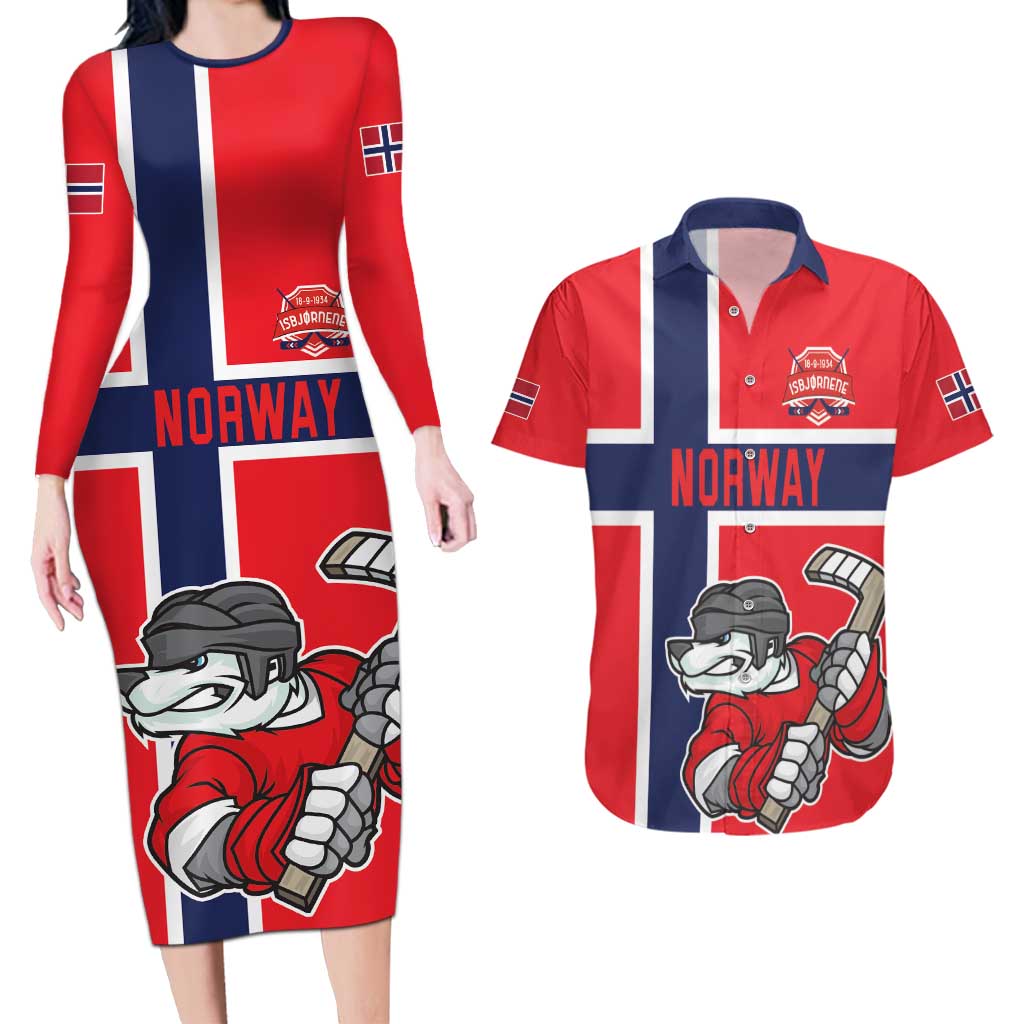 Custom Norway Hockey Couples Matching Long Sleeve Bodycon Dress and Hawaiian Shirt The Polar Bears Hockey - Wonder Print Shop