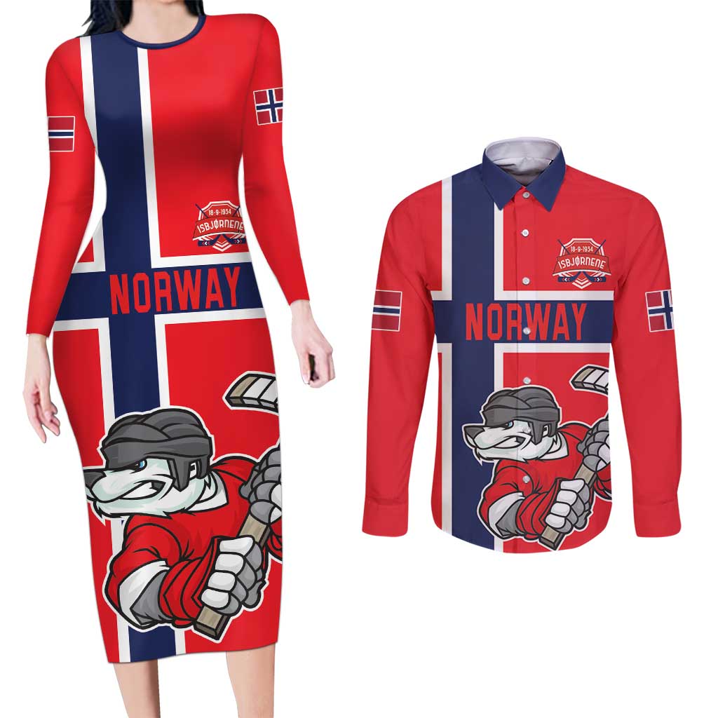 Custom Norway Hockey Couples Matching Long Sleeve Bodycon Dress and Long Sleeve Button Shirt The Polar Bears Hockey - Wonder Print Shop