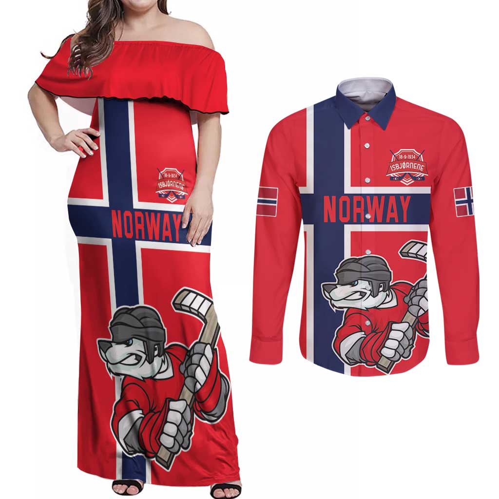 Custom Norway Hockey Couples Matching Off Shoulder Maxi Dress and Long Sleeve Button Shirt The Polar Bears Hockey - Wonder Print Shop