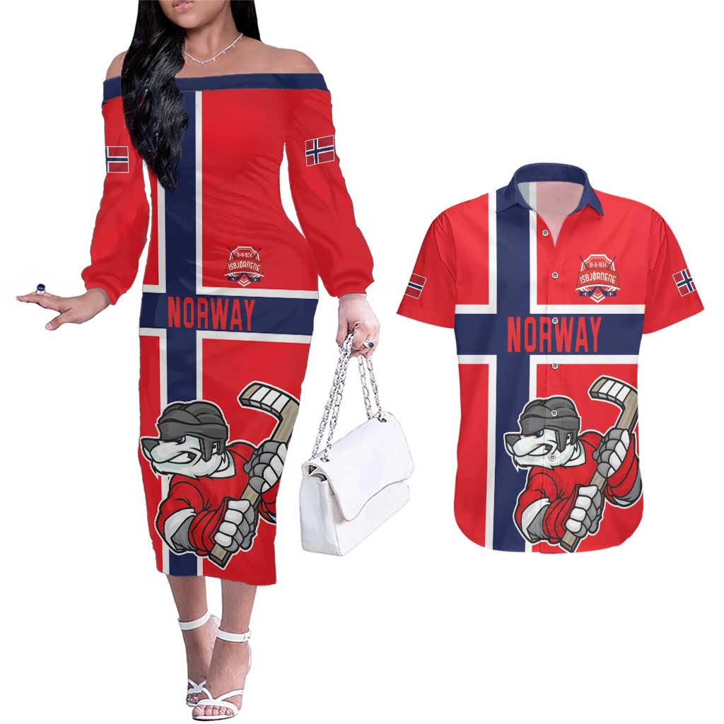 Custom Norway Hockey Couples Matching Off The Shoulder Long Sleeve Dress and Hawaiian Shirt The Polar Bears Hockey - Wonder Print Shop