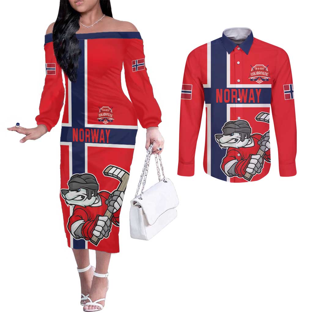 Custom Norway Hockey Couples Matching Off The Shoulder Long Sleeve Dress and Long Sleeve Button Shirt The Polar Bears Hockey