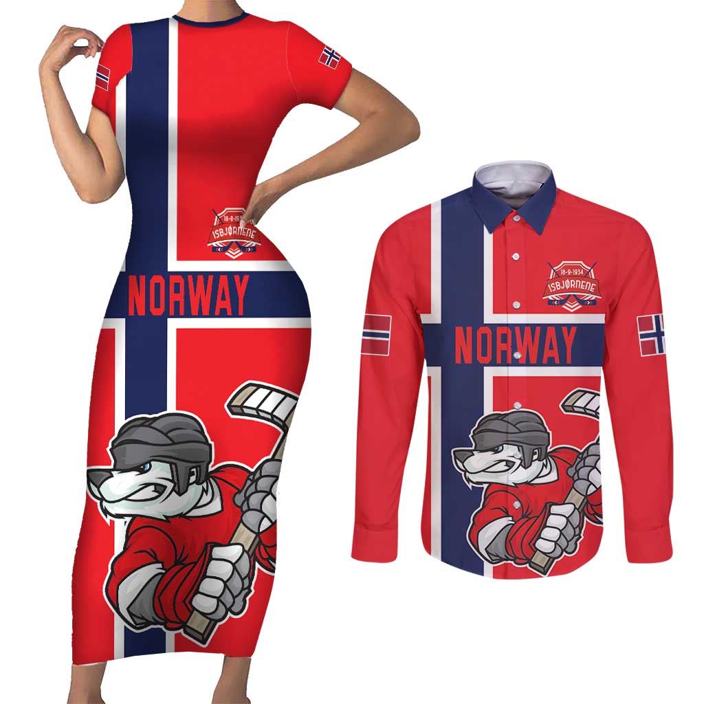 Custom Norway Hockey Couples Matching Short Sleeve Bodycon Dress and Long Sleeve Button Shirt The Polar Bears Hockey - Wonder Print Shop