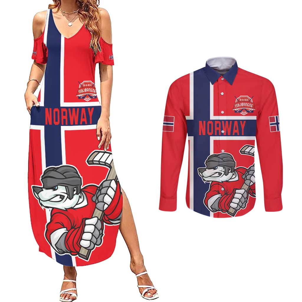 Custom Norway Hockey Couples Matching Summer Maxi Dress and Long Sleeve Button Shirt The Polar Bears Hockey - Wonder Print Shop