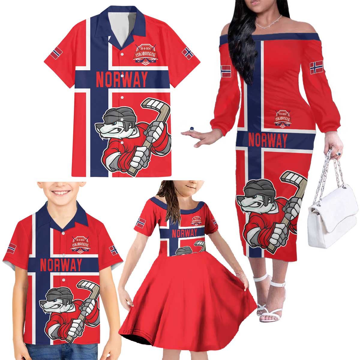 Custom Norway Hockey Family Matching Off The Shoulder Long Sleeve Dress and Hawaiian Shirt The Polar Bears Hockey - Wonder Print Shop