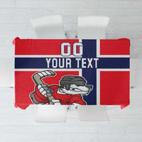 Red and navy hockey tablecloth with white stripes, polar bear mascot, and YOUR TEXT panel