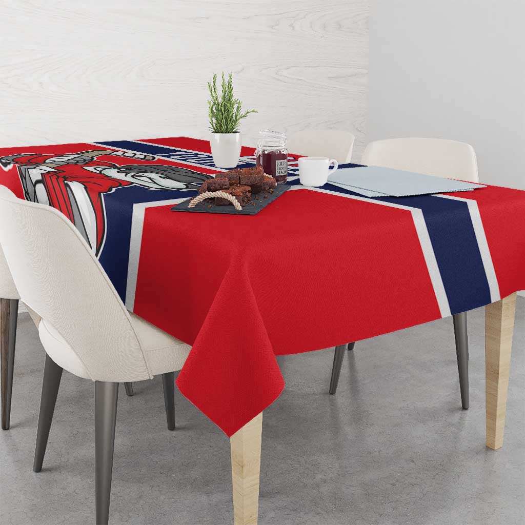 Red hockey tablecloth with navy stripe border and polar bear graphic, draped over table